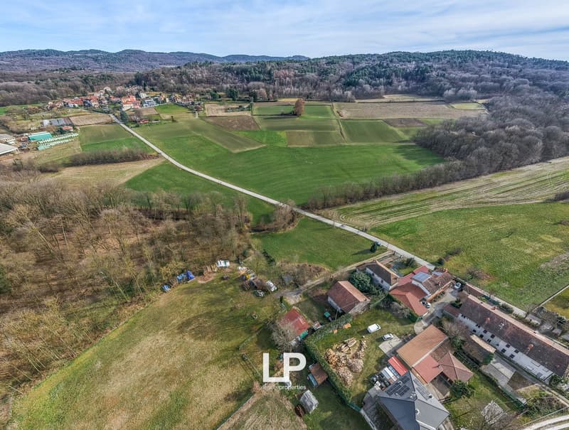 Aerial view of a rural area with several houses, green fields, and a winding road. Mountains in the background.