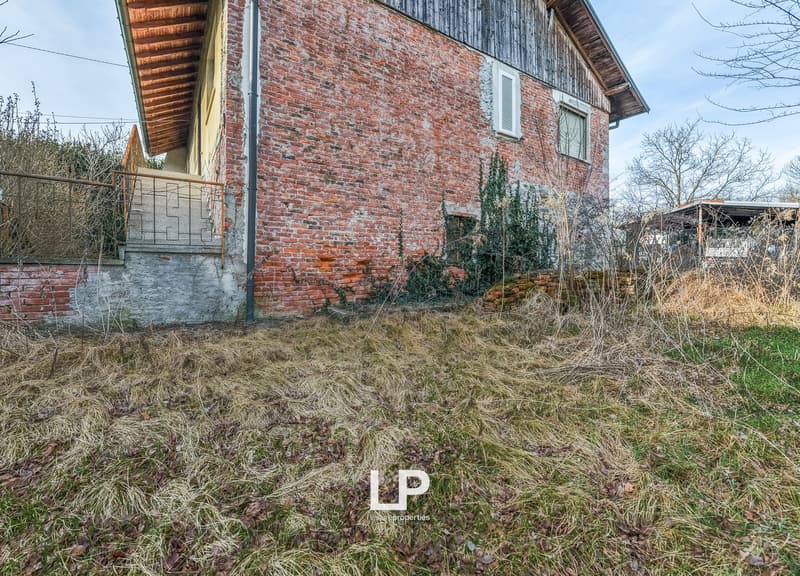 Old brick house, wooden roof, white windows, metal fence, overgrown yard