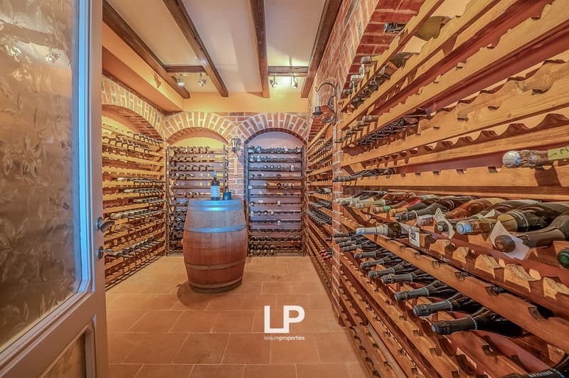Wine cellar with wooden shelves, brick walls, wooden barrel, tiled floor, wine bottles