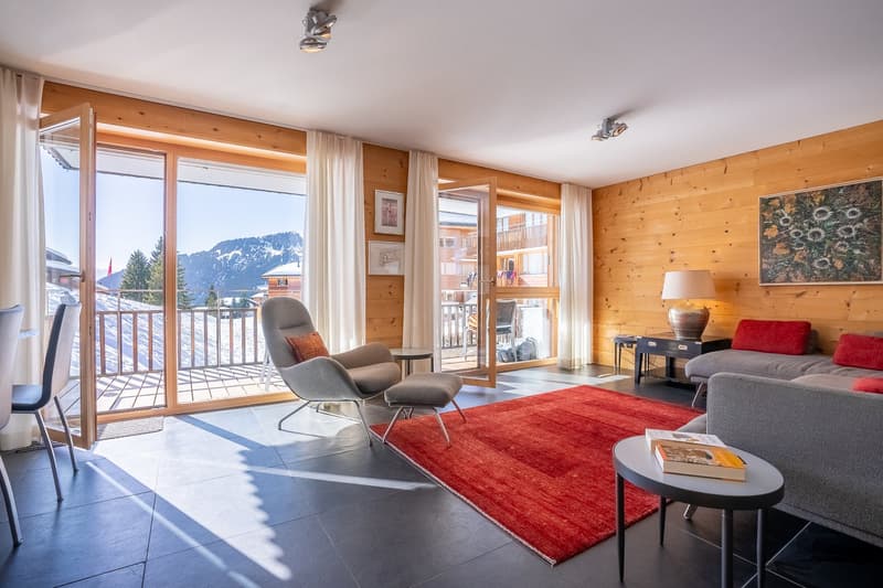 modern living room with wooden walls, large windows, balcony, gray sofa, red rug, table, lamp, books