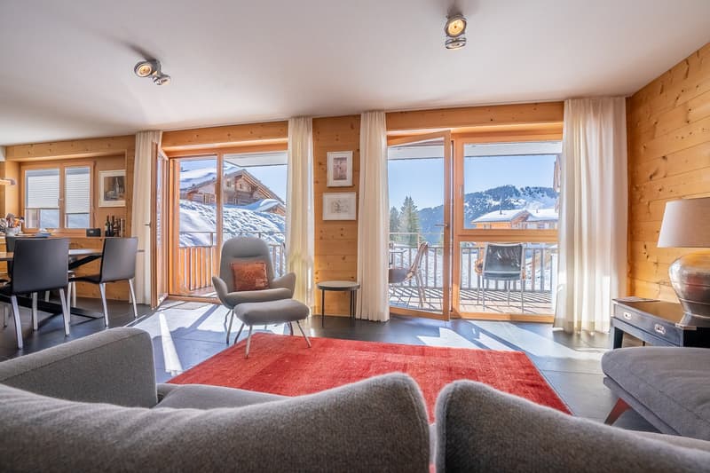 wooden walls, large windows, balcony, red carpet, gray sofa, gray chair, table, lamp