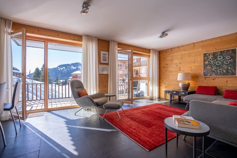 wooden walls, large windows, balcony, red rug, modern furniture, view of mountains