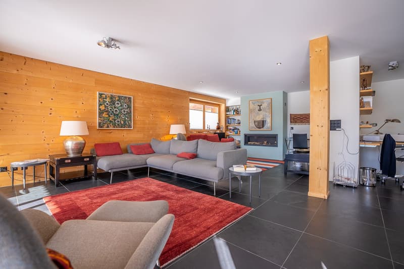 wooden wall, fireplace, gray sofa, red rug, lamps, side tables, bookshelves, TV, computer desk