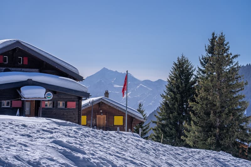 wooden chalet, red shutters, snow on the roof, flag, pine trees, snowy mountains in the background