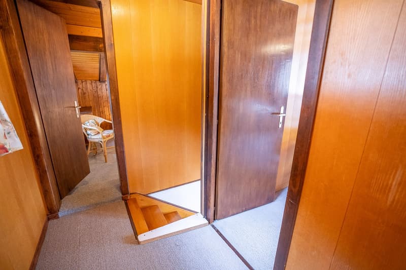 wooden doors, carpeted floor, wooden stairs
