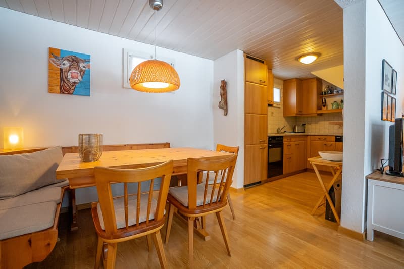 Dining area with wooden table, chairs, and a bench. Kitchen with wooden cabinets, a sink, and a stove. A lamp and a painting on the wall. A TV on a cabinet.