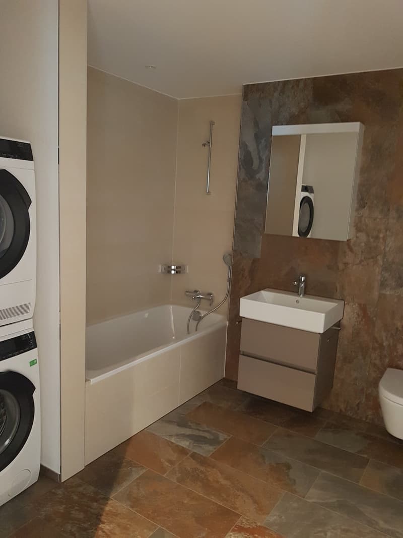 Funktionales Badezimmer mit Wanne, Dusche und integrierter Waschmaschine