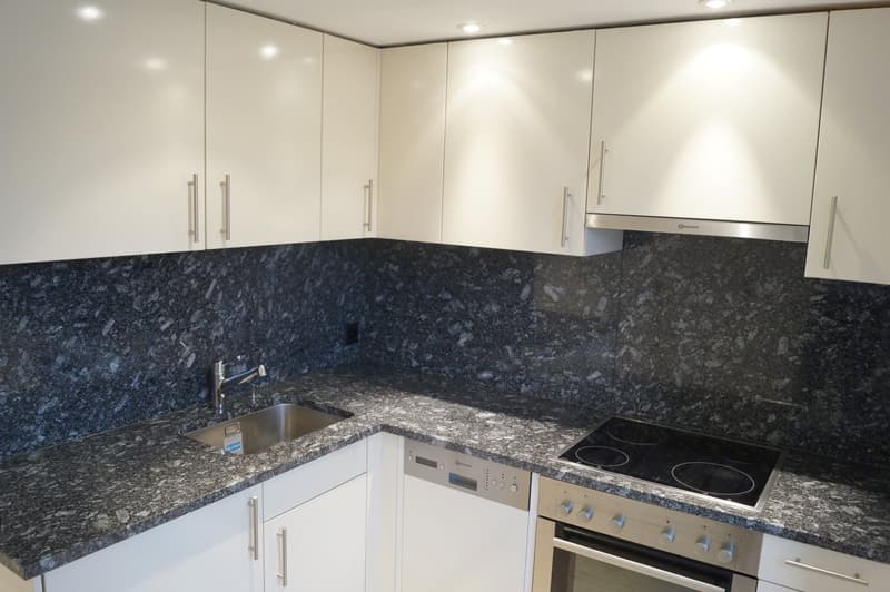 Moderne Küche mit hochwertiger Granitarbeitsplatte und durchdachtem Stauraum