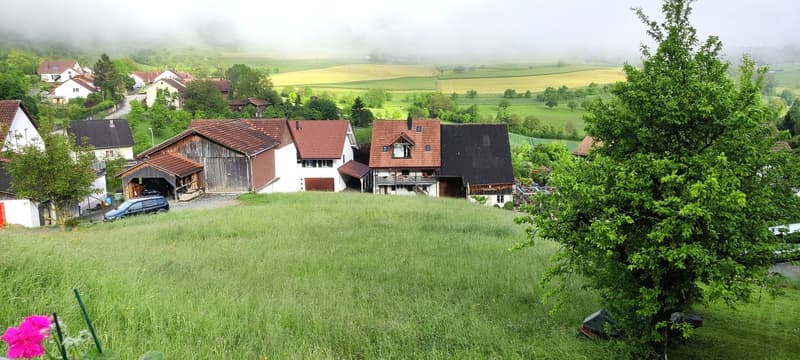 group of houses on a hill, surrounded by nature, brown roof, parked car, car garage