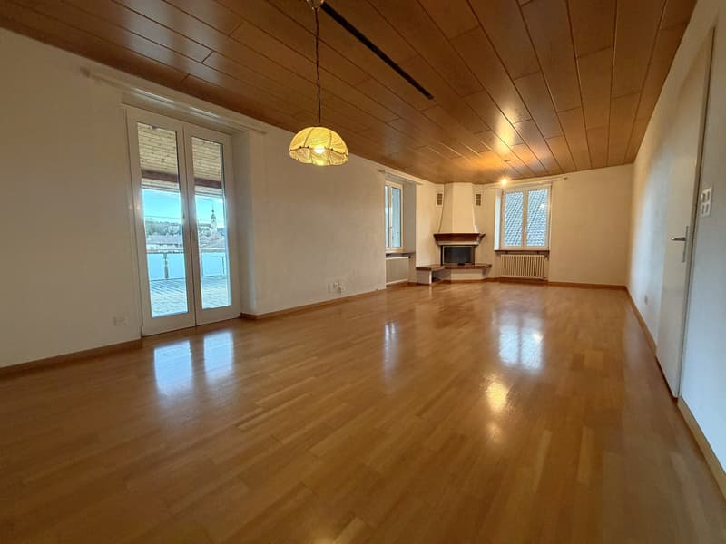 empty room, wooden floor, fireplace, sliding doors, windows, ceiling lamp
