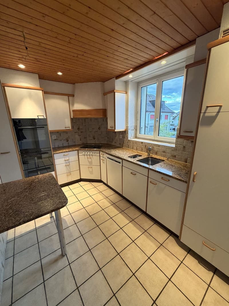 modern kitchen with white cabinets, granite countertops, double oven, dishwasher, sink, window with view