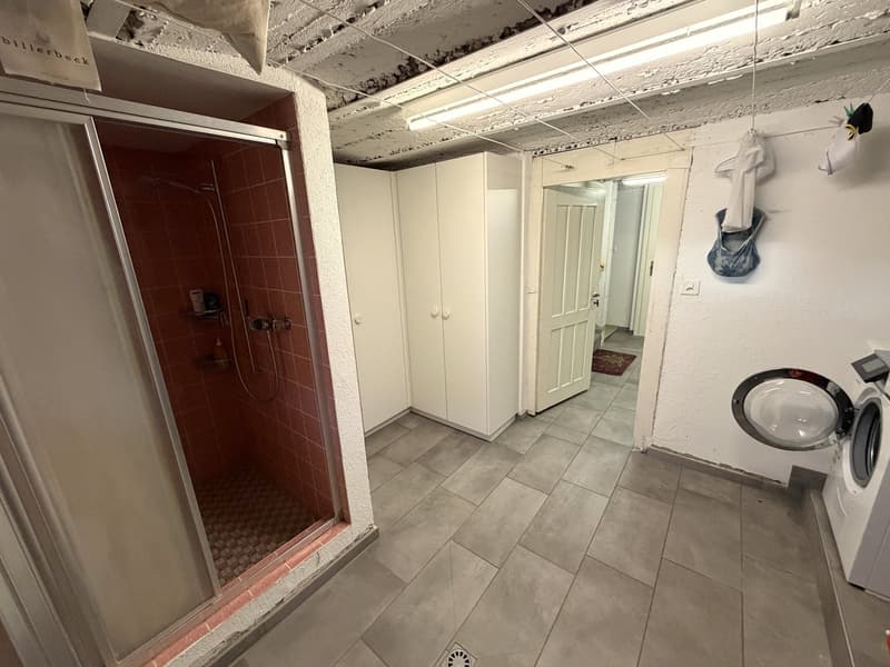 Laundry room with washing machine, shower, cabinets, and tiled floor