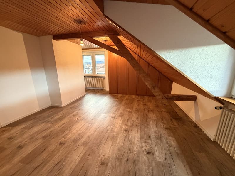 empty room, wooden floor, wooden ceiling, wooden wall, window, radiator