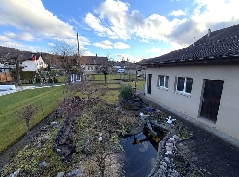 A garden with a small pond, plants, and a swing set in the background.