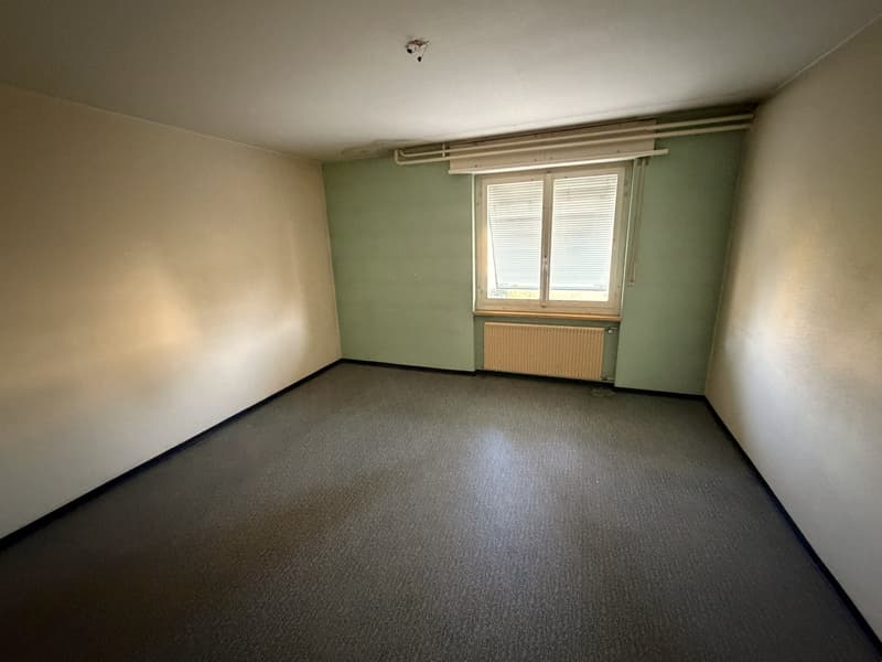 empty room, green walls, white ceiling, window with blinds, radiator