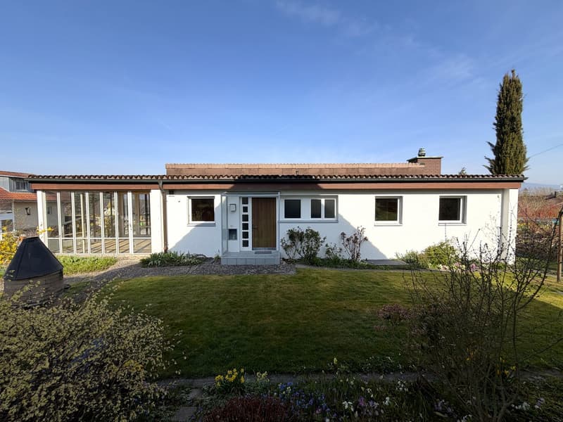 Single-story house, white exterior, brown roof, large windows, glass doors, wooden door, garden, well-maintained lawn, plants, and trees