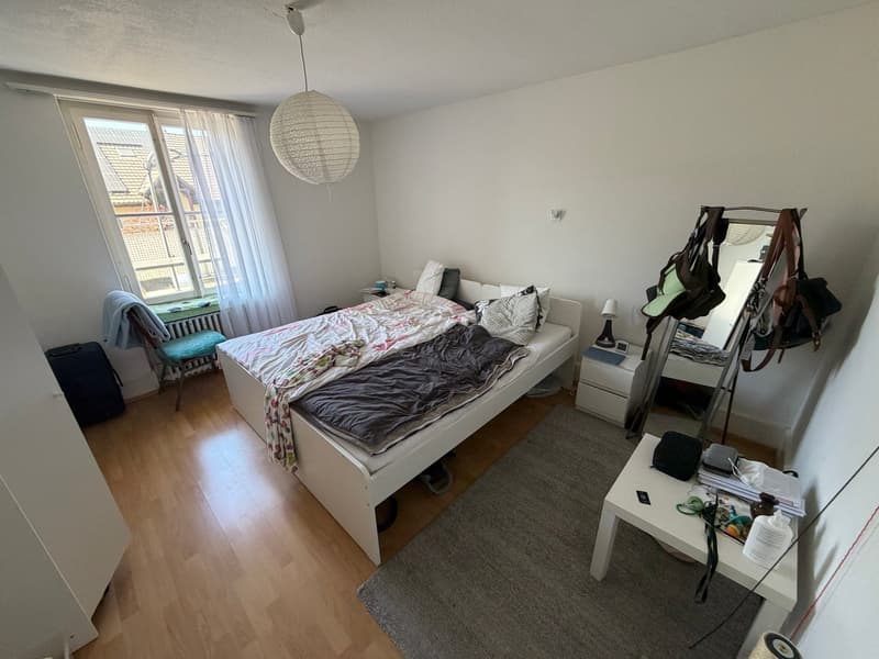 Bedroom with a bed, nightstands, a chair, a radiator, a window with curtains, a lamp, a mirror, a rug, and a closet.