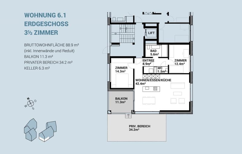 The floor plan shows a 3.5 room apartment with a living room, kitchen, two bedrooms, bathroom, and a private area. The apartment has a balcony and a private washing machine.
