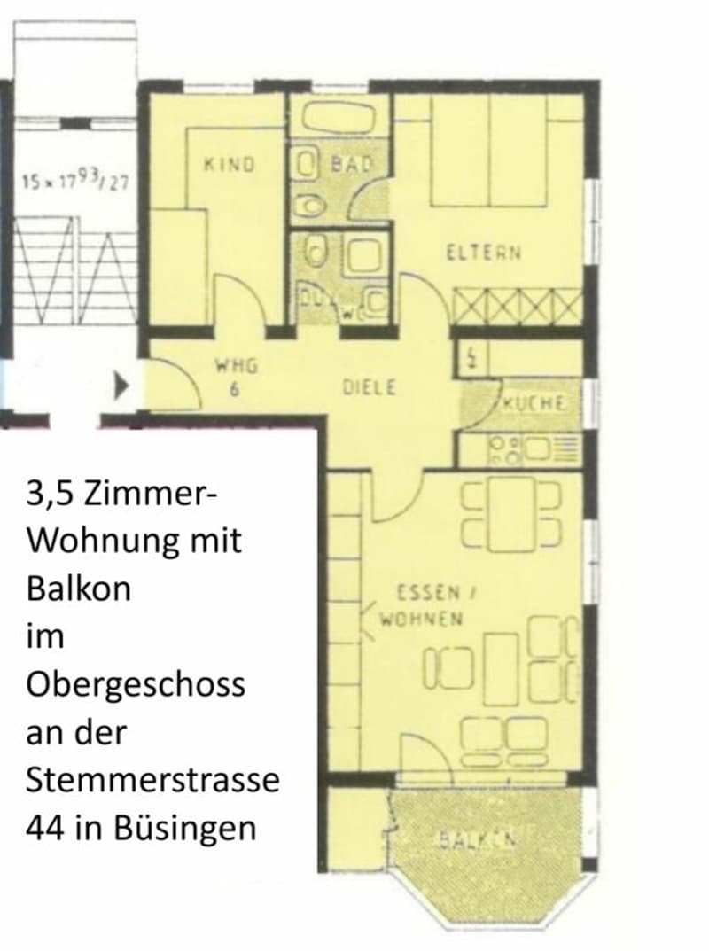 Der Grundriss der 3,5 Zimmerwohnung mit Balkon im Obergeschoss