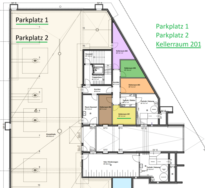 Grundriss Untergeschoss mit den Einstellhallen-Parkplätzen 1 und 2 sowie dem Kellerraum 201 (gelb)