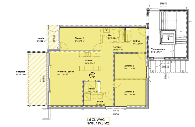 Grundriss der Gartenwohnung mit Loggia und Terrasse im Gartengeschoss (EG) und Lift