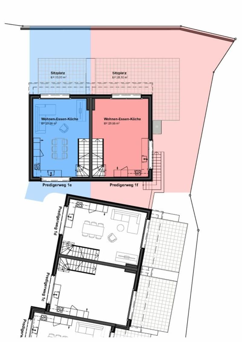 Erdgeschoss mit offenem Wohnen/Essen/Kochen und direktem Zugang zur Terrasse und dem eigenen Garten