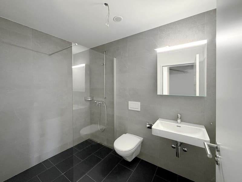 Badezimmer mit bodenebener Dusche, WC und Lavabo