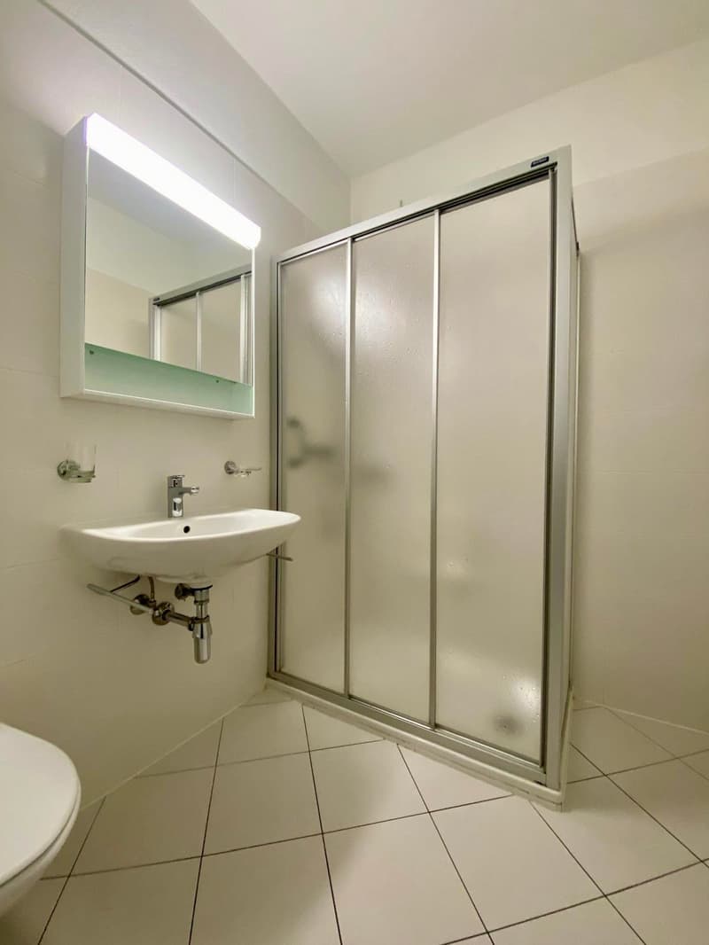 modern bathroom with white tiles, sink, shower stall, toilet