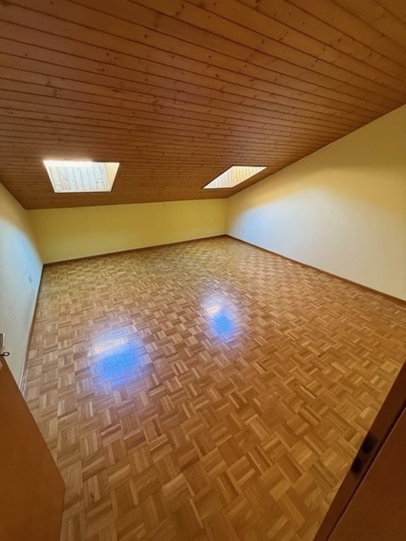 Empty room with wooden flooring, yellow walls, brown ceiling, 2 skylights, and an open door.