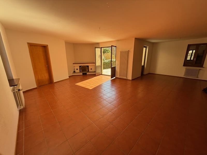 open room with fireplace and radiators