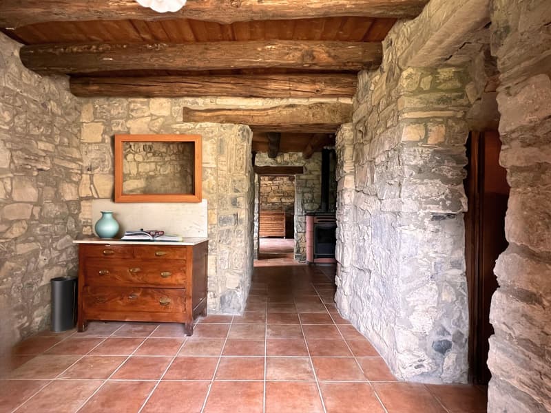 stone walls, wooden floor, wooden cabinet with a vase, trash bin, mirror on the wall