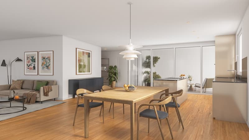 Dining room with wooden table, glass sliding door, kitchen, living area with couch, cabinets, artwork