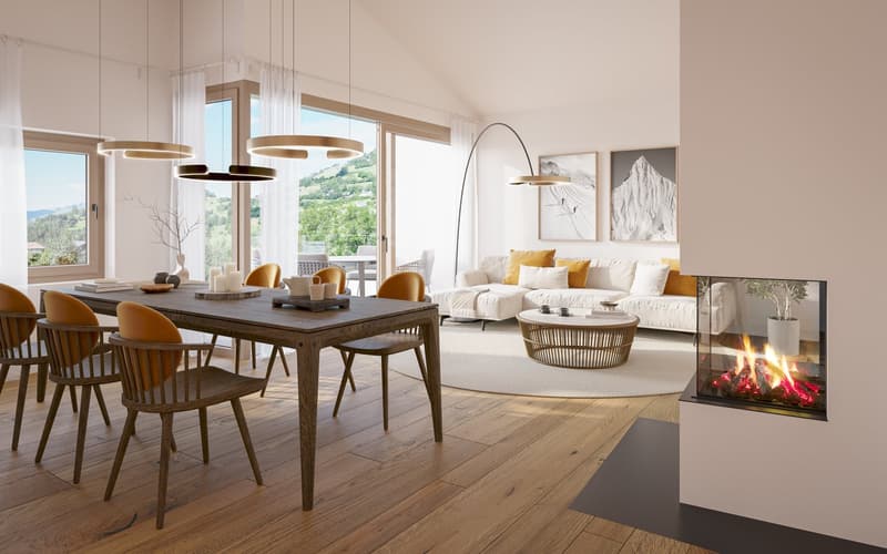 Dining room with wooden table, chairs, fireplace, couch, and large windows