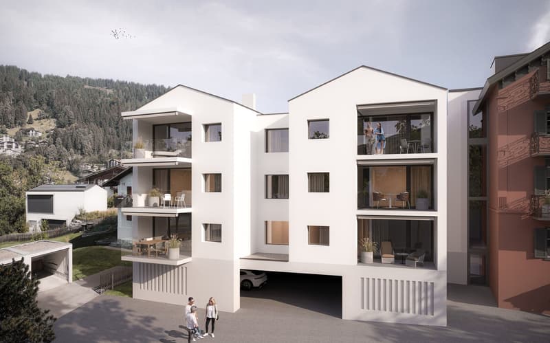 4-story modern apartment building with balconies, underground garage, and car parking