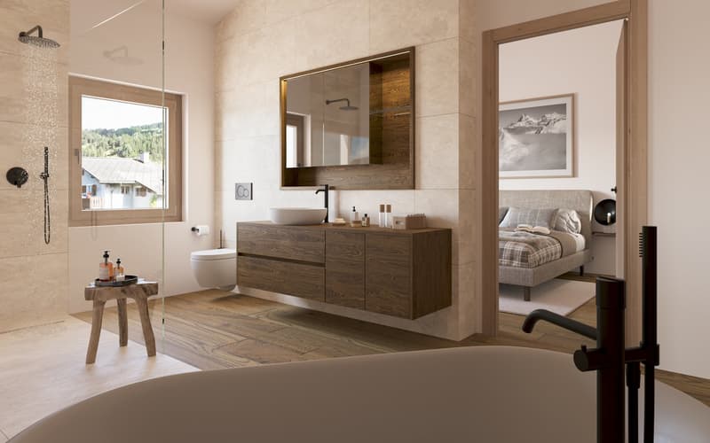 modern bathroom with wooden floor, beige tiles, large window, wooden vanity with sink, mirror, toilet, bathtub, shower, wooden stool with toiletries