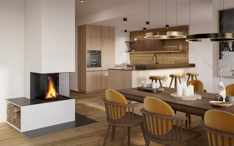Modern kitchen with fireplace, wooden cabinets, countertops, island with bar stools, dining table, yellow chairs, chandeliers, white walls, wooden floor