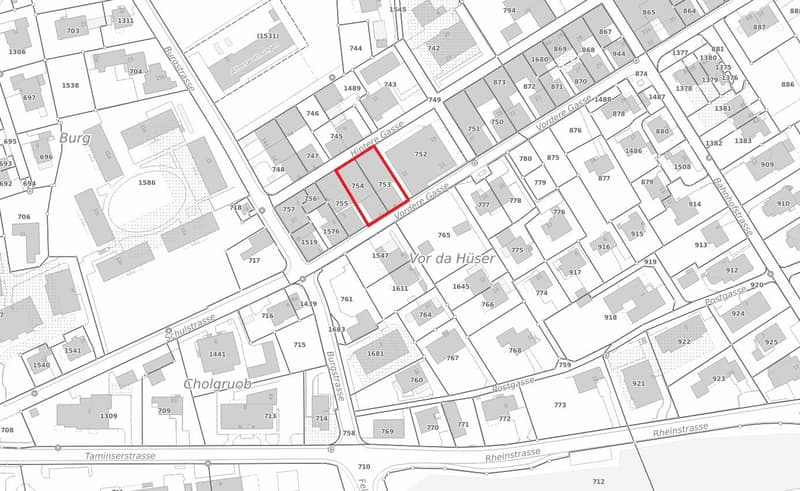Floor plan of a property with multiple buildings and lots