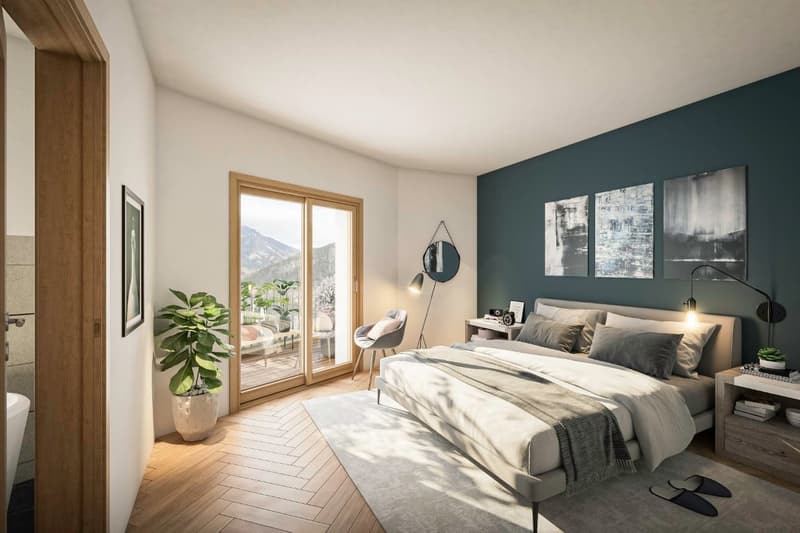 bed, two nightstands, two lamps, chair, potted plant, mirror, wall art, sliding glass door, balcony, terrace, view of mountains