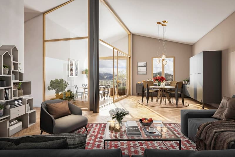 open floor plan, large windows, terrace, dining table, couch, bookshelf, fireplace, table with magazines