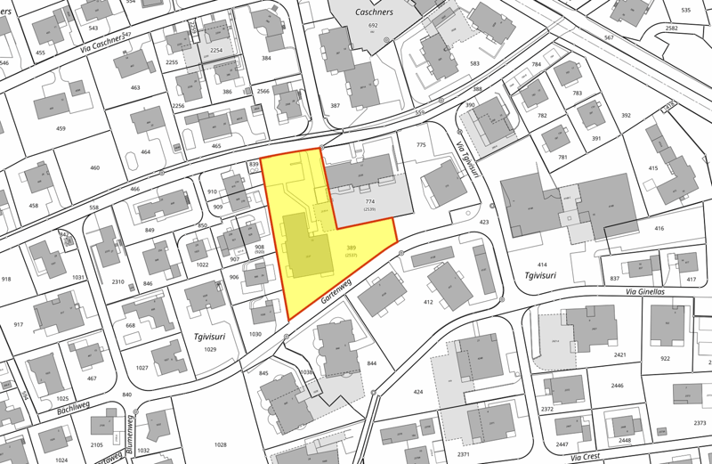 Layout of buildings on a city block, including the marked area