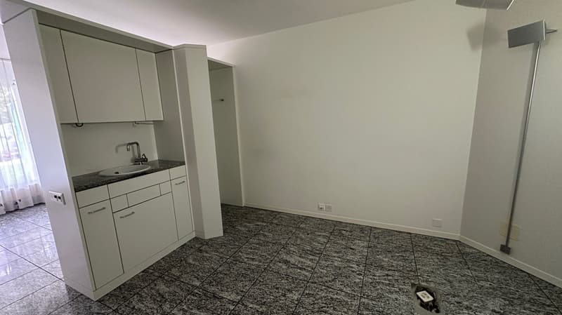 Compact studio apartment with kitchenette, granite countertops, and tile flooring. The apartment has a private washing machine and dishwasher installed.