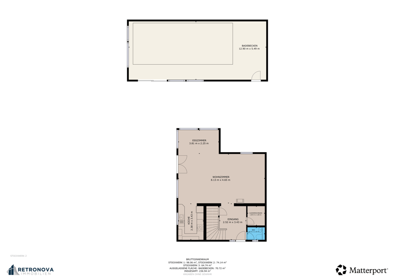 Two-story floor plan with basement, kitchen, living room, bathroom, utility room, bedroom, entrance hall, corridor, and hallway.