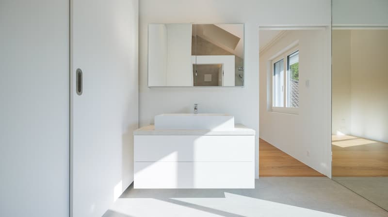 modern bathroom with white sink, mirror, and wooden floor