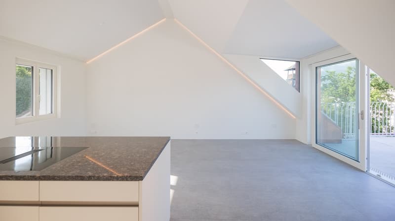 empty room, white walls, gray floor, granite countertop, glass doors, windows, balcony