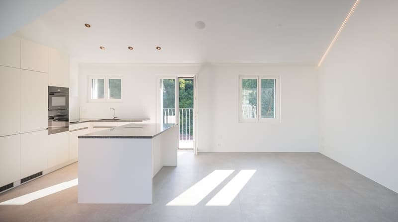 modern kitchen with island, white cabinets, granite countertop, built-in oven, sink, balcony with sliding glass door