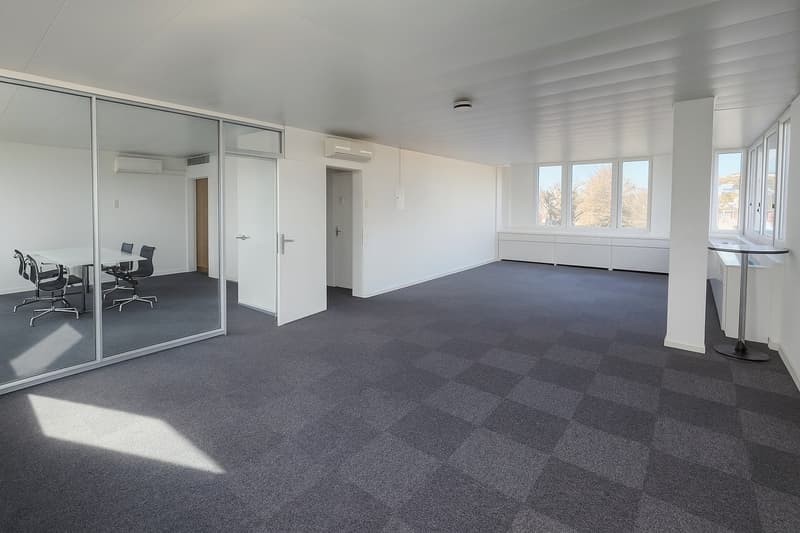 modern office space, carpeted floor, large windows, two doors leading to other rooms, conference table and chairs