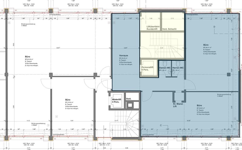 Floor plan: includes living room, kitchen, bathroom, mezzanine bedroom, lift, ventilation shaft, storage room, separate WC, two terraces, and an elevator.