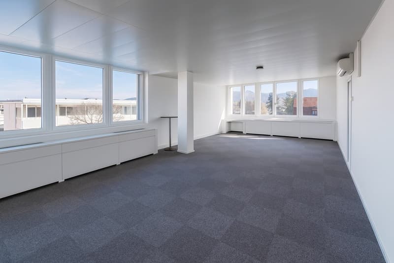 Empty room, white walls, gray carpet, windows, metal poles, white benches, ceiling lamps, air vents