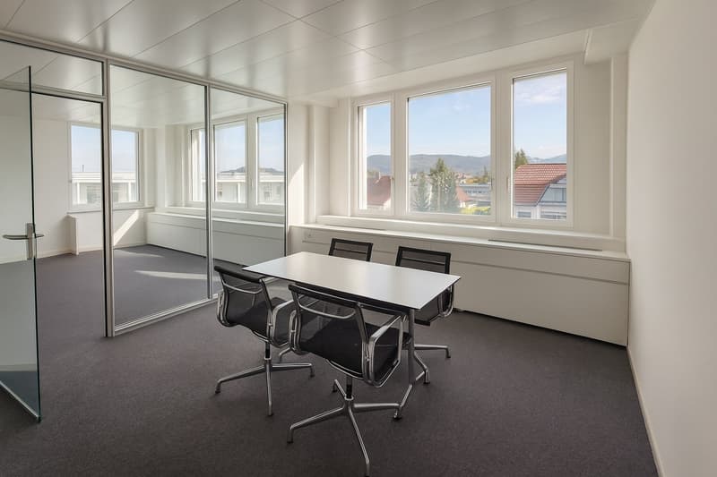 large open space, modern office design, white walls, large windows, metal table, modern chairs