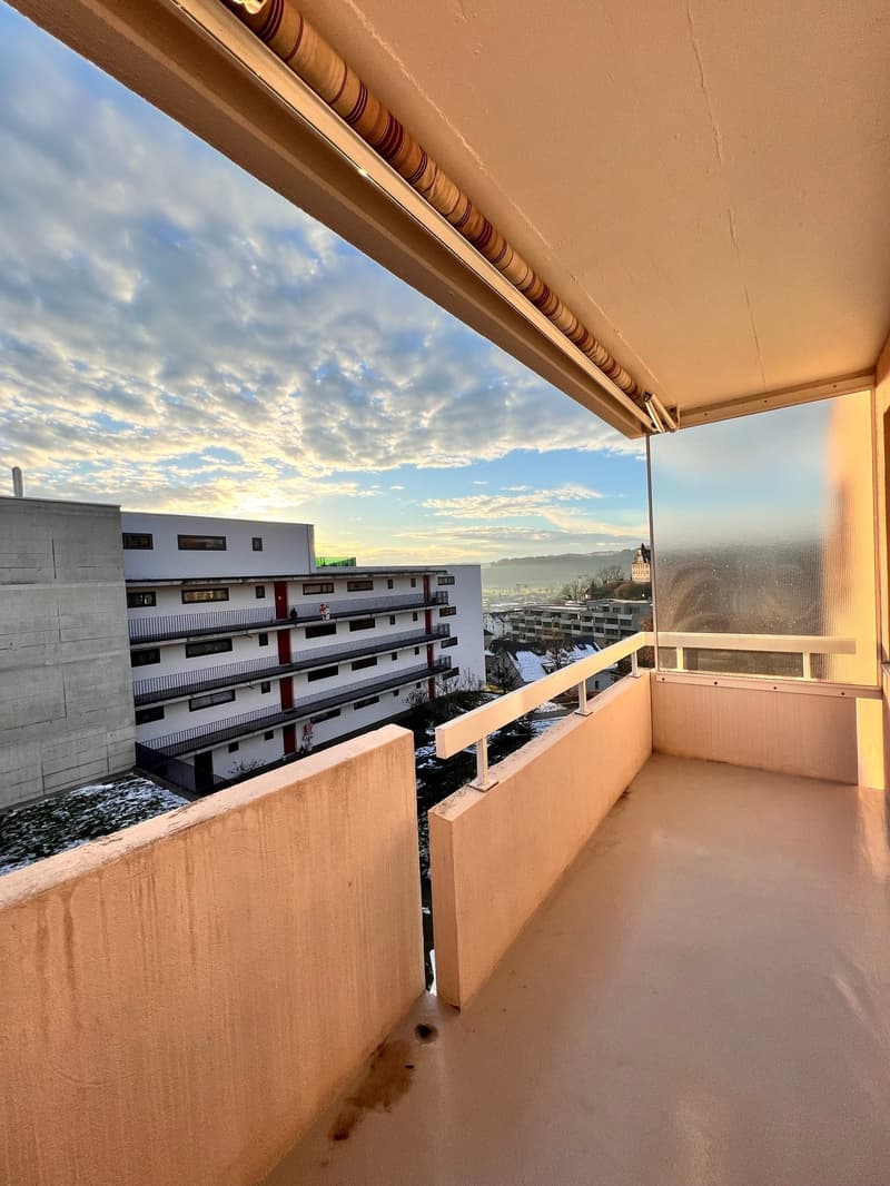 Balcony with railings, glass wall, view of the city